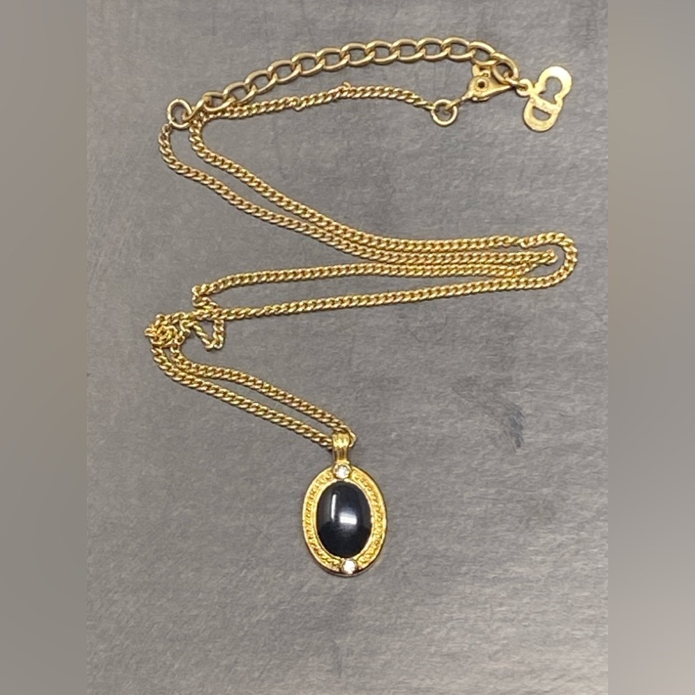 Dior Vintage 80s Black Onyx Oval Enamel Chrystals Pendant Necklace - Picture 7 of 16